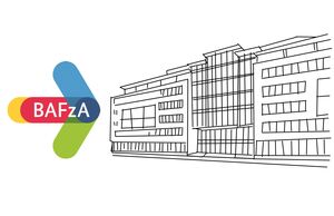 Eine Zeichnung zeigt das Gebäude vom Bundesamt für Familie und zivilgesellschaftliche Aufgaben. Links im Bild ist das Logo des BAFzA, ein bunter Pfeil aus habtransparenten abgerundeten breiten Linien in den Farben gelb, rot, blau und grün.
