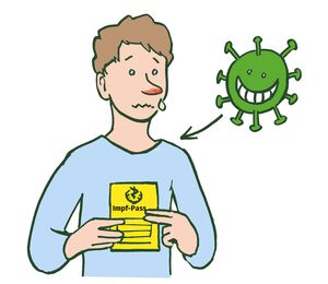 Eine Person mit hellbauem Pullover und braunem kurzen Haar hält in beiden Händen einen Impfpass. Ihre Nase ist rot und tropft. Daneben ein grinsendes Corona-Virus, von dem ein Pfeil zu der Tropf-Nase zeigt.