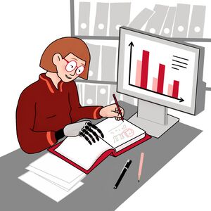 Eine junge Frau mit Brille sitzt an einem Schreibtisch. Neben ihr steht ein Computer. Im Hintergrund sind Aktenschränke. Die schreibt mit der linken Hand in ein Buch. Ihre rechte Hand ist eine Prothese.
