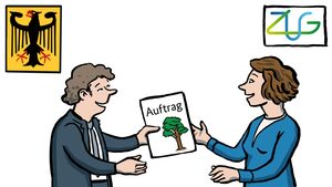 Ein Mann im Anzug steht unter einem Schild mit Bundesadler. Er gib ein Papier an eine Frau im blauen Pullover, die unter dem ZUG-Logo steht. Auf dem Papier ist ein Baum, darüber steht „Auftrag“.