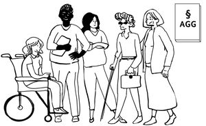 Fünf Menschen: Ein junges Mädchen sitzt im Rollstuhl, neben ihr steht eine schwarze Person, daneben eine Frau, dann eine Frau mit Sonnenbrille und Stock und eine ältere Frau. Rechts ein Buch mit einem Paragraf-Zeichen und der Aufschrift AGG.