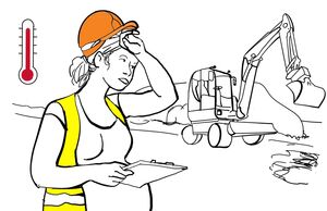 Eine schwangere Frau in einer Arbeitsweste mit Helm wischt sich über die Stirn. Im Hintergrund steht ein Bagger neben einem Materialhaufen.  In der linken oberen Ecke der Zeichnung ein Thermometer mit einer hohen roten Anzeige.