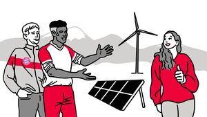 Zwei Männer in Sportkleidung stehen einer Frau zugewandt. Der eine Mann hat helle Haut und blondes Haar, der andere dunkle Haut und kurzes, schwarzes Haar. Die Frau hat langes, mitteldunkles Haar. Zwischen ihnen stehen ein Solarpanel und ein Windrad.